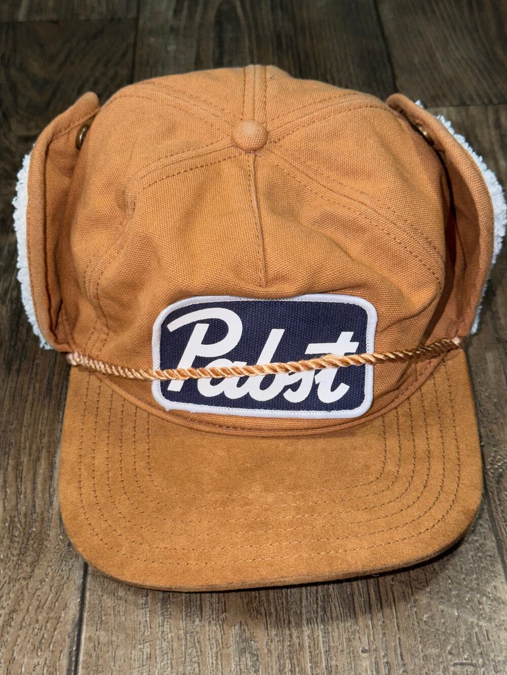 Pabst Blue Ribbon Tan Trucker Hat Ear Flaps Faux Shearling Lining Rope Accent